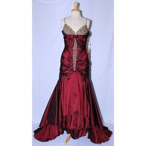 Lenovia #4931 Taffeta Fit and Flare Prom Gown With Train-Size XL-WINE-NEW